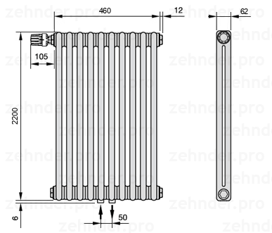 Схема (чертеж) Радиатор Zehnder Charleston 2220/10 №V007 Белый глянцевый RAL 9016
